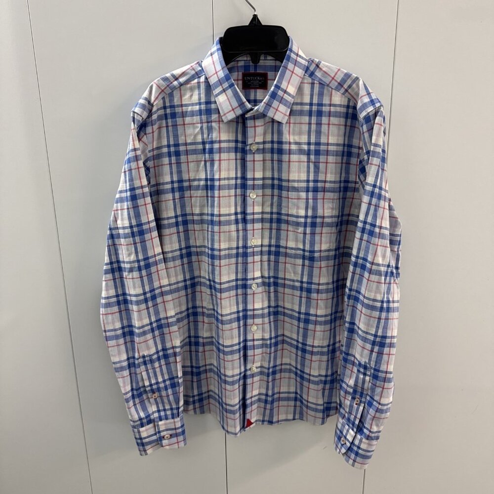 UNTUCKit Reynvann Mens Slim Wrinkle Free Blue Red Plaid LS Button Down Shirt M